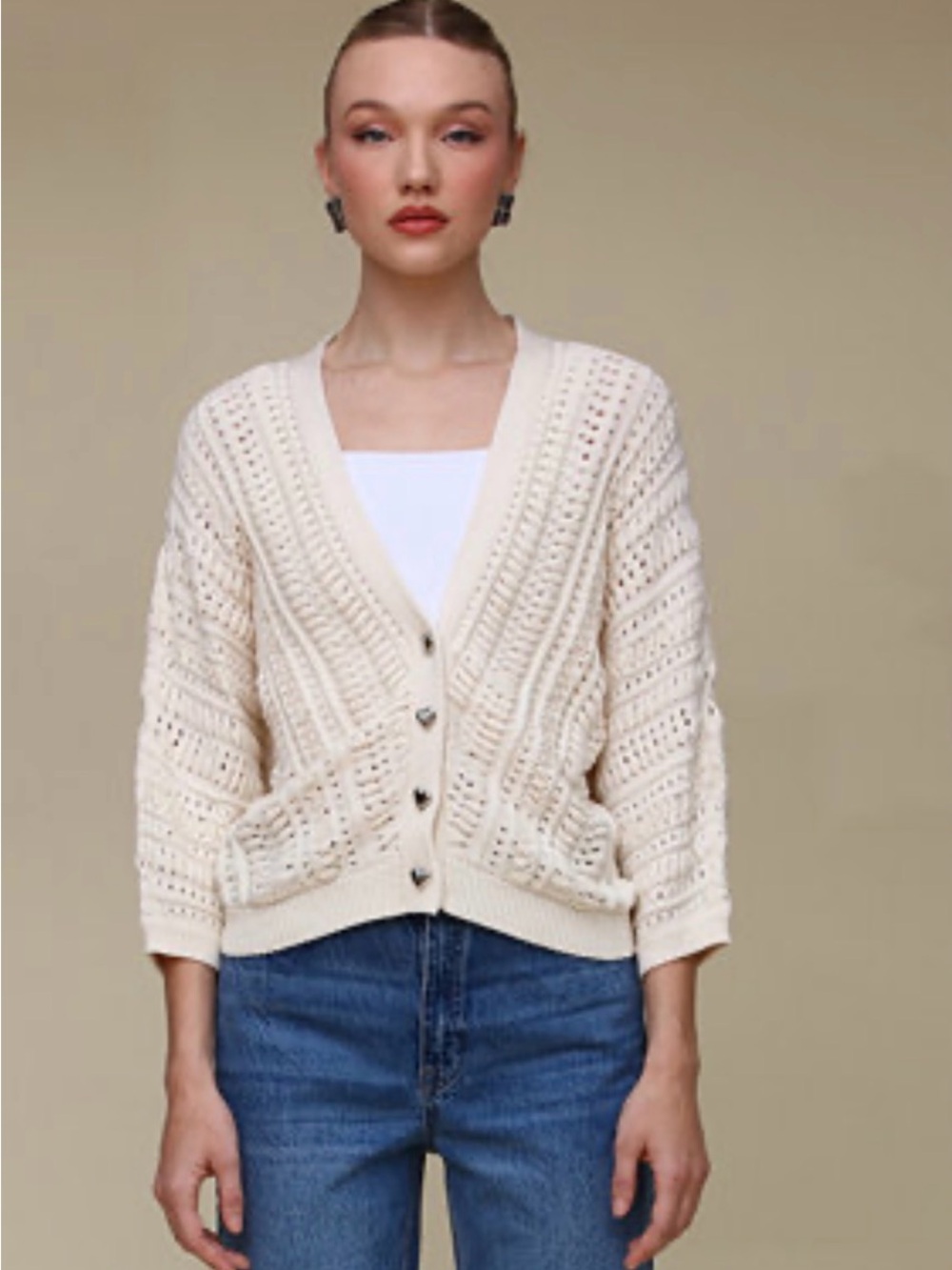 Avec Les Filles Heart Button Open Stitch Cotton Cardigan Sweater Ivory Size L